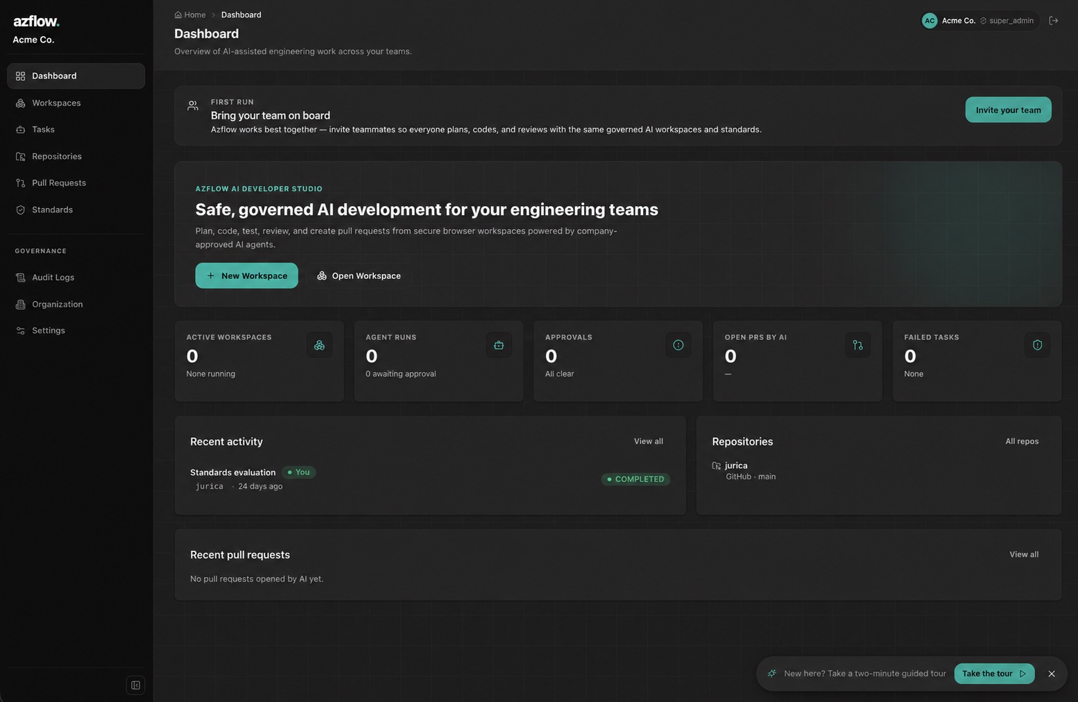 Azflow dashboard for Acme Co. with governed AI workspaces, approvals, and team activity